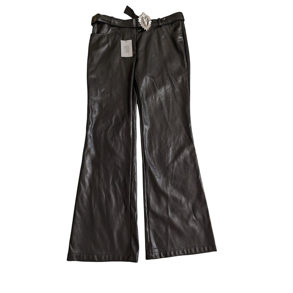 LOBA Sagrada Low Rise Pants Revolve Black Faux Leather Heart Belt Bootcut M NEW - Picture 7 of 13